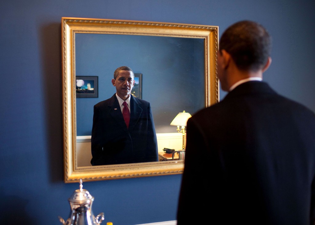 Jan. 20, 2009 “President-elect Barack Obama was about to walk out to take the oath of office. Backstage at the U.S. Capitol, he took one last look at his appearance in the mirror.” (Official White House photo by Pete Souza) This official White House photograph is being made available only for publication by news organizations and/or for personal use printing by the subject(s) of the photograph. The photograph may not be manipulated in any way and may not be used in commercial or political materials, advertisements, emails, products, promotions that in any way suggests approval or endorsement of the President, the First Family, or the White House.