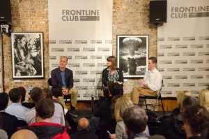 Peter Greste (left) and Andy Smith speak to Sue Turton, Frontline Club, 19 February 2015. Photo Richard Nield