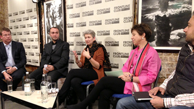 Lindsey Hilsum speaking at a Frontline Club event