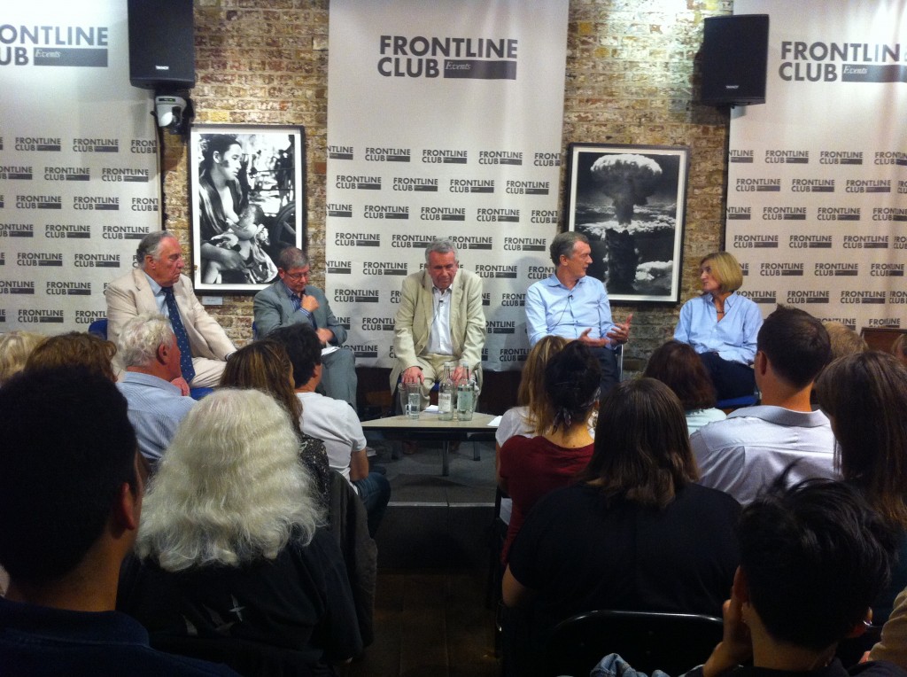 L-R Frederick Forsyth, Jeff Hulbert, Martin Bell, Stewart Purvis, Penny Marshall. Photo: Greta Hofmann